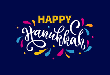 Happy Hanukkah handwritten text with colorful splashes on dark blue background. Modern brush calligraphy. Hand lettering, bright vector illustration for Jewish holiday as greeting card or poster