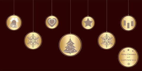 Christmas background with elements of holiday decorations. New Year's symbols on hanging golden balls on dark background. Vector illustration