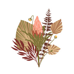 Dry tropical fan palm leaves, red branches, exotic protea flower boho hand drawn vector bouquet