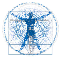 Vitruvian man with binary code,symbol of digital age.
Stylized drawing of vitruvian man with spiral of binary codes. Vector available.