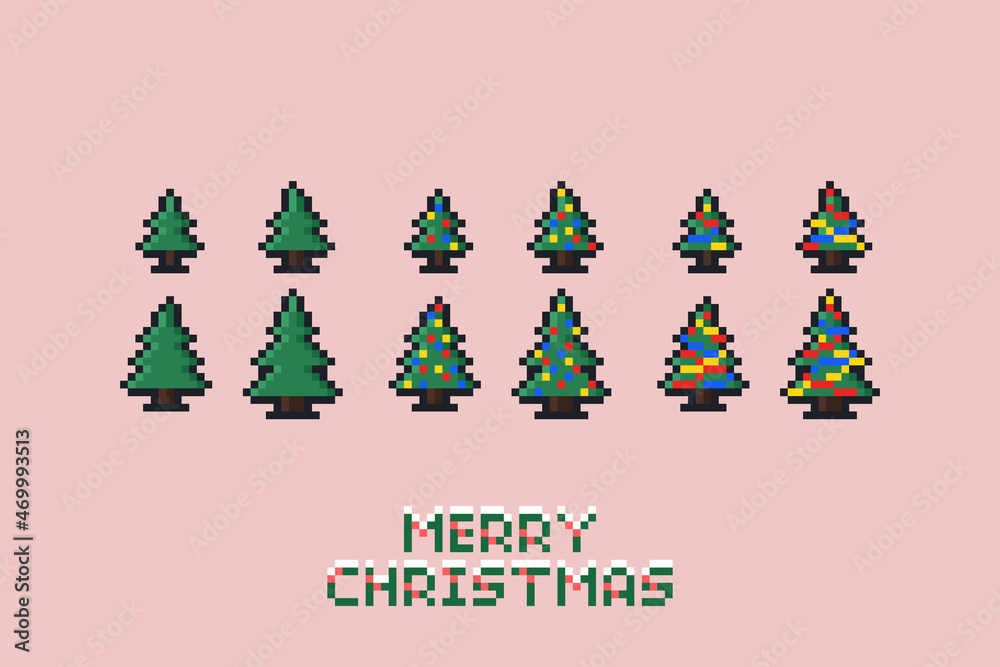 Fototapete vector pixel art illustration holiday set of pixel art merry christmas tree. flat design 8 bit outli
