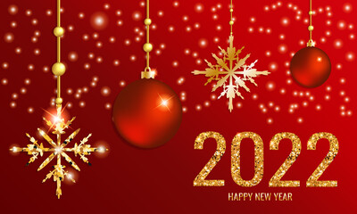 Greeting card with Happy New Year 2022. Christmas background with shiny snowflakes, Christmas toys and numbers 2022. Vector illustration 
