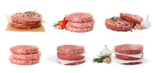 Set with fresh raw burger patties on white background. Banner design