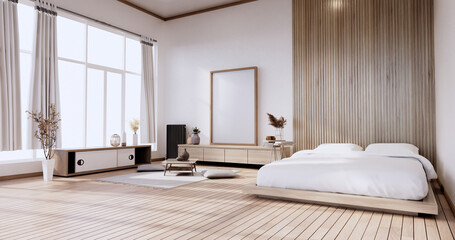 Minimalist Stylish interior of modern wooden room with comfortable bed.3D rendering