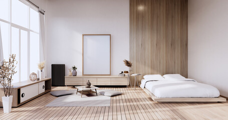 Minimalist Stylish interior of modern wooden room with comfortable bed.3D rendering
