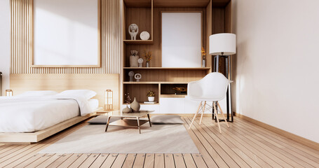 Minimalist Stylish interior of modern wooden room with comfortable bed.3D rendering