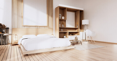Minimalist Stylish interior of modern wooden room with comfortable bed.3D rendering