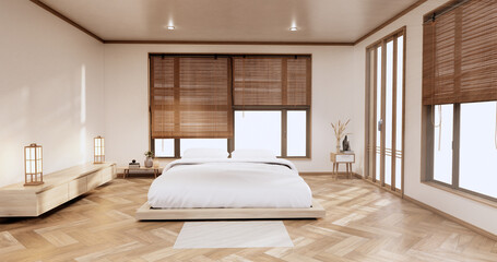 Minimalist Stylish interior of modern wooden room with comfortable bed.3D rendering
