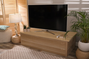 Stylish living room interior with TV on cabinet and houseplant
