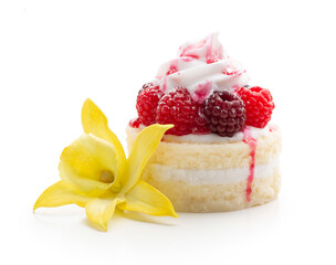 Sweet dessert, vanilla flower, cupcake with butter cream and raspberry isolated on white background.