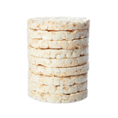 Stack of puffed rice cakes isolated on white background. Healthy crunchy snack. Wholegrain crisp bread 