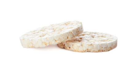 Puffed rice cakes isolated on white background. Healthy crunchy snack. Wholegrain crisp bread 