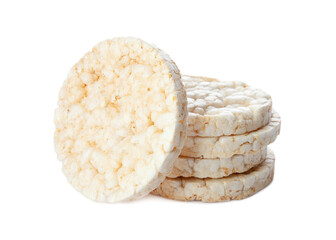 Stack of puffed rice cakes isolated on white background. Healthy crunchy snack. Wholegrain crisp bread 