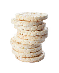 Stack of puffed rice cakes isolated on white background. Healthy crunchy snack. Wholegrain crisp bread 