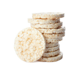 Stack of puffed rice cakes isolated on white background. Healthy crunchy snack. Wholegrain crisp bread 