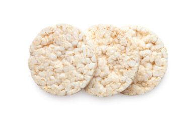 Puffed rice cakes isolated on white background. Healthy crunchy snack. Wholegrain crisp bread 