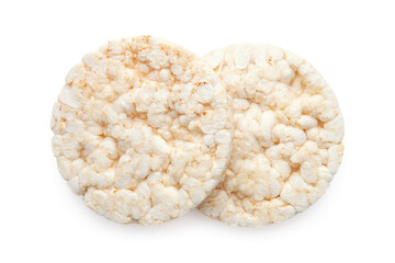 Puffed rice cakes isolated on white background. Healthy crunchy snack. Wholegrain crisp bread 