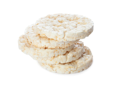 Stack of puffed rice cakes isolated on white background. Healthy crunchy snack. Wholegrain crisp bread 