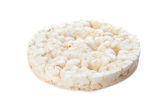 Round puffed rice cake isolated on white background. Healthy crunchy snack. Wholegrain crisp bread 