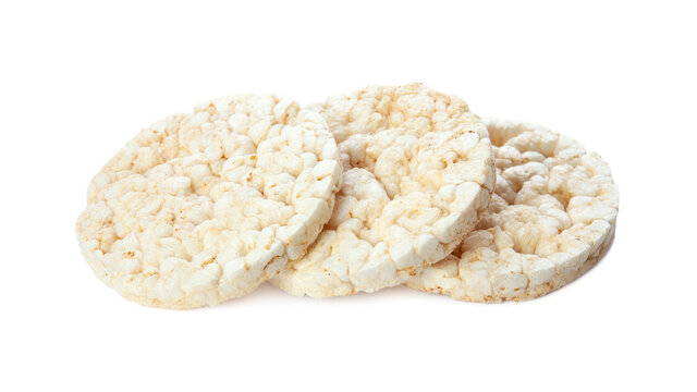 Puffed rice cakes isolated on white background. Healthy crunchy snack. Wholegrain crisp bread 