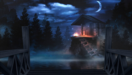 Night fantasy landscape with abstract mountains and island on the water, wooden house on the shore, moonlight, fog, night lamp, wooden pier on the water. 3D 
