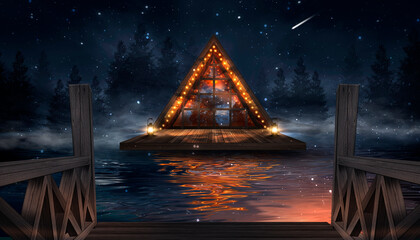 Night fantasy landscape with abstract mountains and island on the water, wooden house on the shore, moonlight, fog, night lamp, wooden pier on the water. 3D  - obrazy, fototapety, plakaty