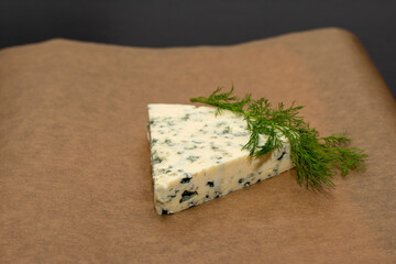Triangle slice of Danish Blue cheese with mold on a paper background with dill decoration