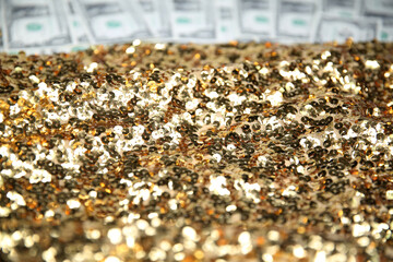 Gold background, dollars. Cash. Investment, money, bank. Yellow.