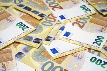 Money background. Euro close-up. Macro of money. Cash banknotes are stacked. European currency                                                                                            