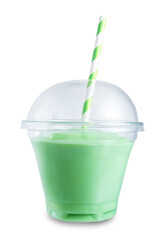 Milk fruit cocktail smoothie in a plastic glass with a straw on a white isolated background