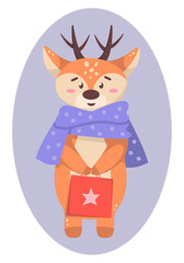 christmas deer with purple scarf and gift