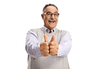Excited mature man showing both thumbs up