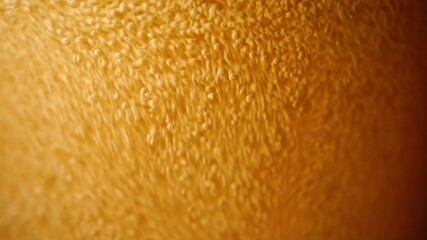 Macro video of beer being poured into a glass with foam and bubbles. An alcoholic drink with a lot of texture, bubbles, foam and vibrant amber color. - Powered by Adobe