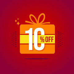 10% off. Ten percent off. Special offer with discount. Colorful discount label for gift on red background.