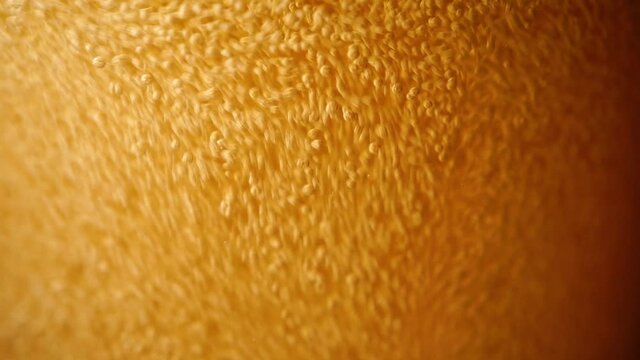 Macro video of beer being poured into a glass with foam and bubbles. An alcoholic drink with a lot of texture, bubbles, foam and vibrant amber color.