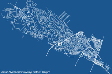 Detailed technical drawing navigation urban street roads map on blue background of the quarter Amur-Nyzhnodniprovskyi District of the Ukrainian regional capital city of Dnipro (Dnepropetrovsk), Ukrain
