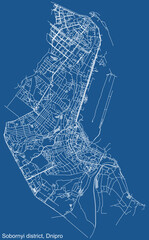 Detailed technical drawing navigation urban street roads map on blue background of the quarter Sobornyi District of the Ukrainian regional capital city of Dnipro (Dnepropetrovsk), Ukraine