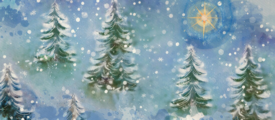 Winter forest. Watercolor christmas background, design element.
