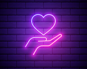 Hands holding heart neon sign. Medicine and health care concept. Advertisement design. Night bright neon sign, colorful billboard, light banner. Vector illustration in neon style