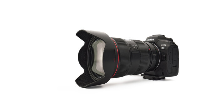 Canon EOS R5 Mirrorless Digital Camera with 8k raw video on a white background. One of the most powerful mirrorless cameras on the market. 03.04.2021, Rostov region, Russia