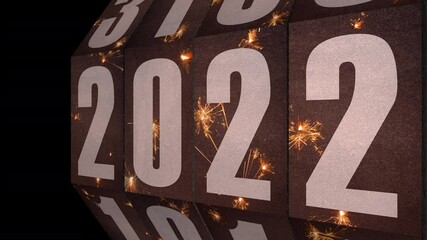 Rotating mechanical steampunk vintage timer switching to year 2022 to 2023. Side view. Sparklers textures, with alpha matte. Perfect festive New Year graphics. Happy New Year!!! - Powered by Adobe