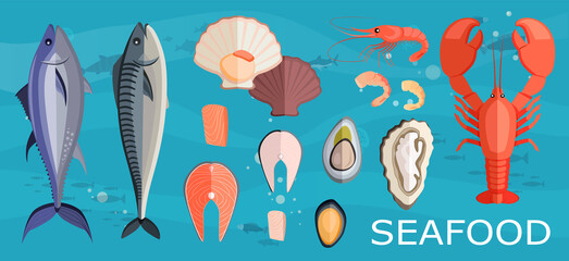 Food set, seafood, dish ingredients. Fish restaurant menu assortment. Tuna, lobster, oyster, mussels, shrimps on blue background. Fish products, seafood recipe ingredients vector illustration