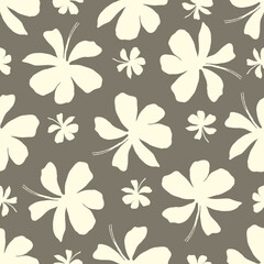 Abstract jasmine floral vector seamless pattern background. Silhouettes of flower heads, blossom, petals. Brown cream white backdrop. Botanical repeat of medicinal healing plant. All over print