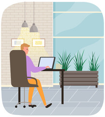 Working male character employee in office sitting on armchair with computer typing on keyboard communicating. Man freelancer sitting at home with laptop. Young clerk with tablet pc serfing internet