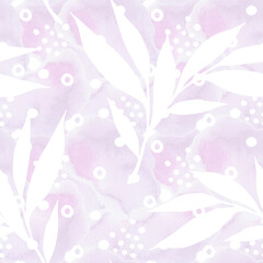 Fototapeta na wymiar White leaves in hand drawn style. Floral seamless pattern on pink. Foliage background for paper, textile, wrapping and wallpaper.