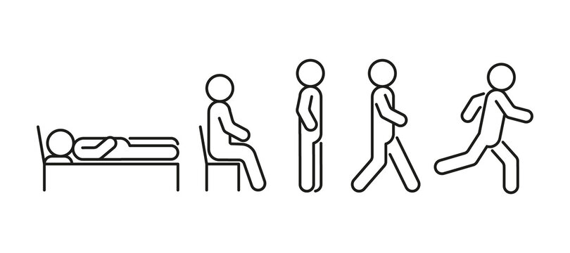 People icon in different posture, human various action poses. Lie, stand, sit, walk, run. Vector line illustration