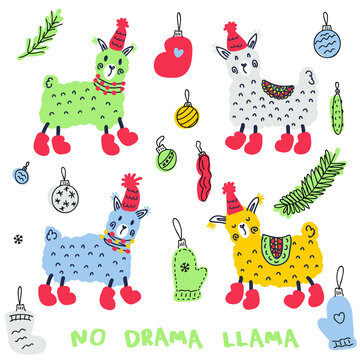 Christmas lamas in boots and hats doodle collection. Perfect for poster, stickers and print. Hand drawn vector illustration for decor and design. 
