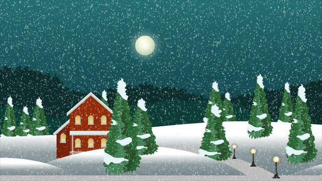 Winter village or farm  in snow. Christmas night, falling snow flakes, trees and houses. Night landscape scene. Cartoon animation with parallax moving layers. Animated illustration