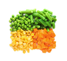 Sorted mix of fresh vegetables on white background, top view
