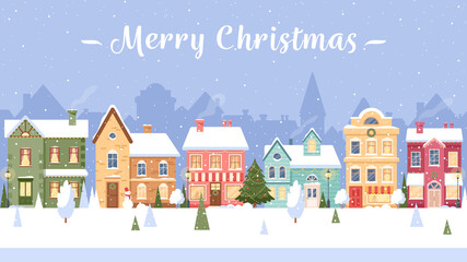 Winter city street. Vector Christmas town with houses, falling snow, trees, snowman, festive garlands. Snowy village landscape. Cityscape. Happy Holidays banner, greeting card for New year and Xmas 